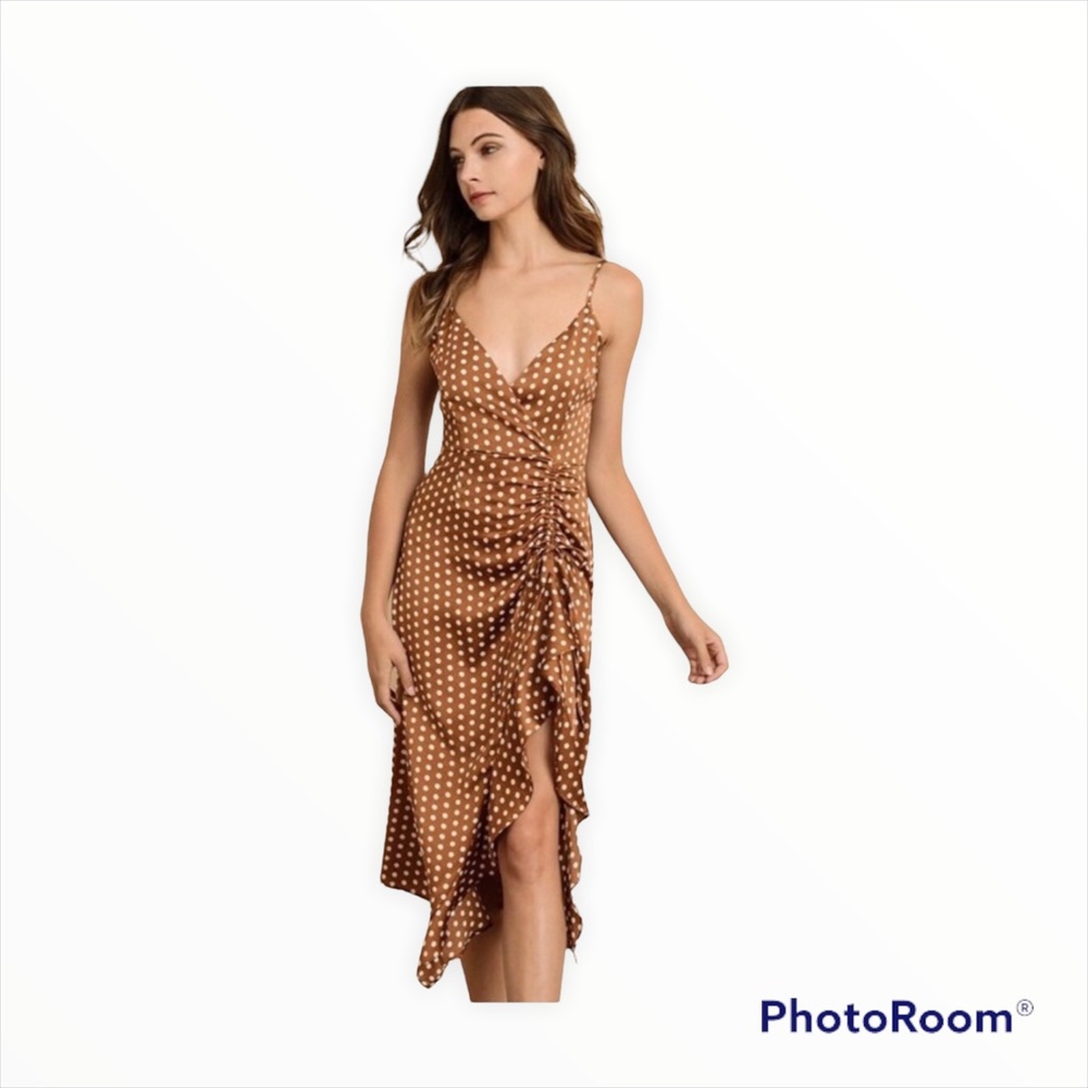 DRESS FORUM Gold and Ruffle Midi Dress Size Large